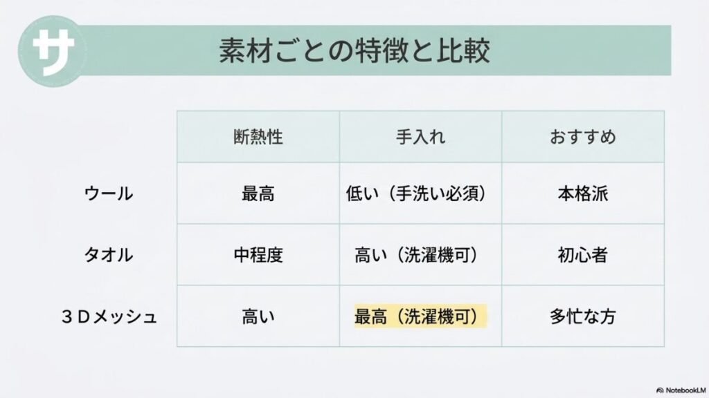 ウール、タオル、3Dメッシュの比較スライド。ウールは断熱性最高・手入れ低い(手洗い必須)・本格派向け。タオルは断熱性中程度・手入れ高い(洗濯機可)・初心者向け。3Dメッシュは断熱性高い・手入れ最高(洗濯機可)・多忙な方向けと記載。