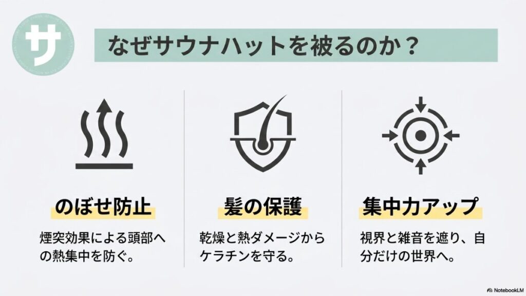 なぜサウナハットを被るのかを説明するスライド。「のぼせ防止(煙突効果による頭部への熱集中を防ぐ)」「髪の保護(乾燥と熱ダメージからケラチンを守る)」「集中力アップ(視界と雑音を遮り、自分だけの世界へ)」の3つのメリットをアイコン付きで図解。