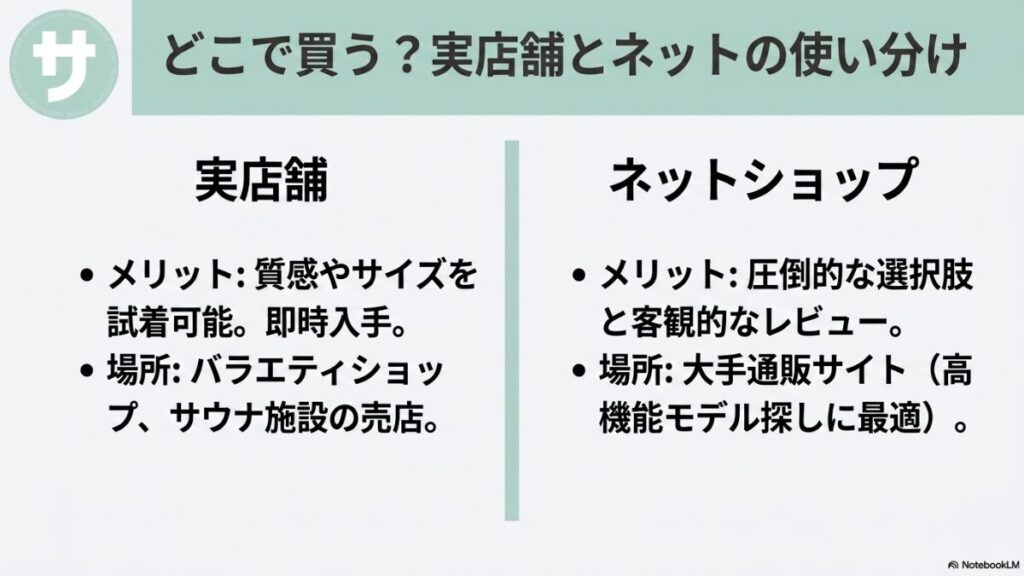 実店舗とネットショップの使い分けガイド。実店舗は質感やサイズを試着可能・即時入手(バラエティショップ、サウナ施設の売店)、ネットショップは圧倒的な選択肢と客観的なレビュー(大手通販サイト)がメリットと記載されたスライド。