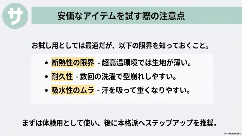 安価なアイテムを試す際の注意点スライド。お試し用には最適としつつ、「断熱性の限界(超高温環境では生地が薄い)」「耐久性(数回の洗濯で型崩れしやすい)」「吸水性のムラ(汗を吸って重くなりやすい)」を挙げ、後に本格派へステップアップすることを推奨。