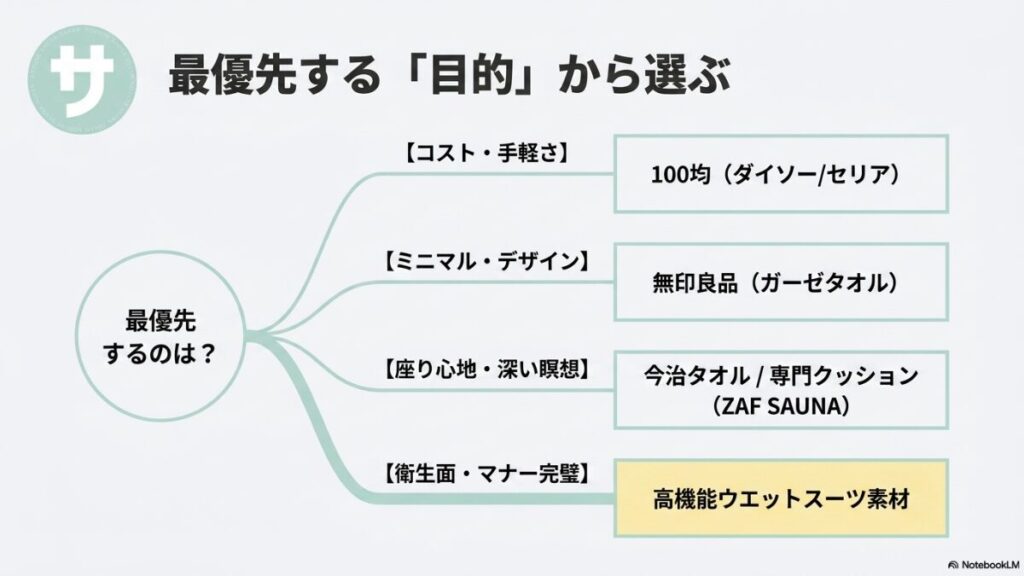 最優先する目的に応じた選び方をまとめたスライド。コスト・手軽さは100均、ミニマル・デザインは無印良品、座り心地・深い瞑想は今治タオル/専門クッション、衛生面・マナー完璧は高機能ウエットスーツ素材を推奨。