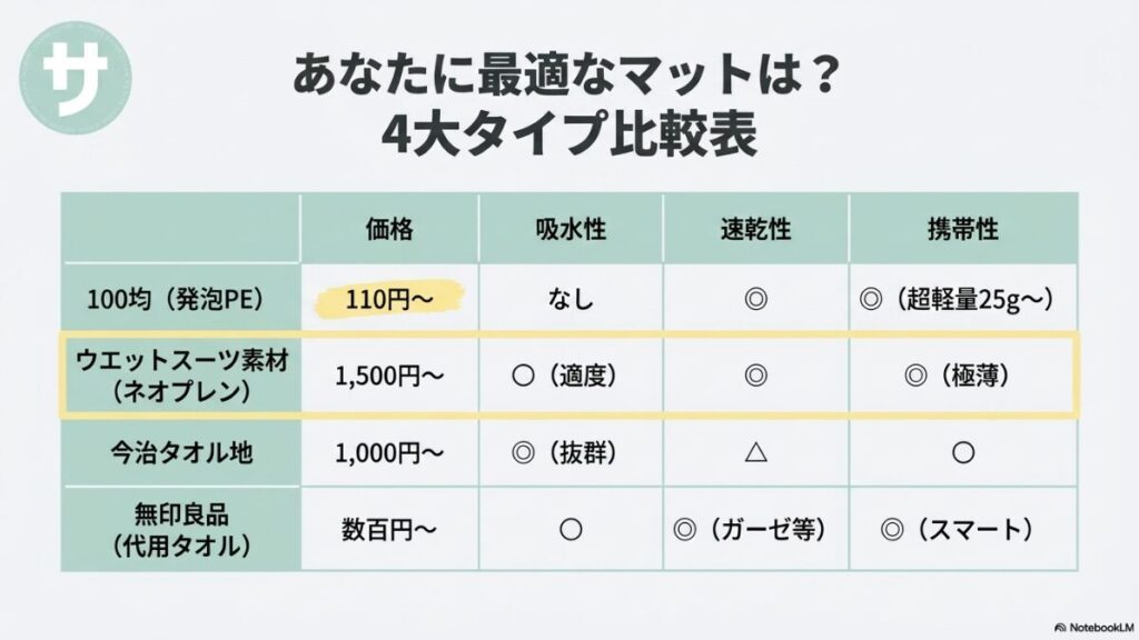100均(発泡PE)、ウエットスーツ素材(ネオプレン)、今治タオル地、無印良品(代用タオル)の4大タイプについて、価格・吸水性・速乾性・携帯性をマトリックスで比較したスライド。