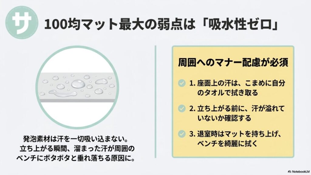 発泡素材は汗を吸い込まないため、周囲へ配慮する3つのマナー(こまめに汗を拭き取る、立ち上がる前の確認、退室時の拭き取り)を箇条書きで説明したスライド。
