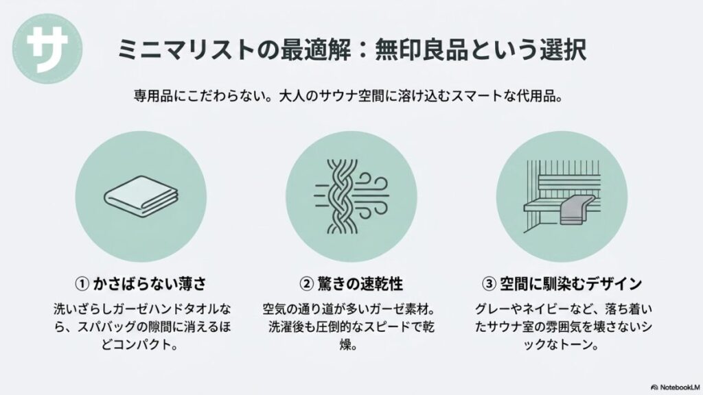 無印良品の洗いざらしガーゼハンドタオルを代用するメリットとして、かさばらない薄さ、驚きの速乾性、空間に馴染むシックなデザインの3点を解説したイラスト付きスライド。
