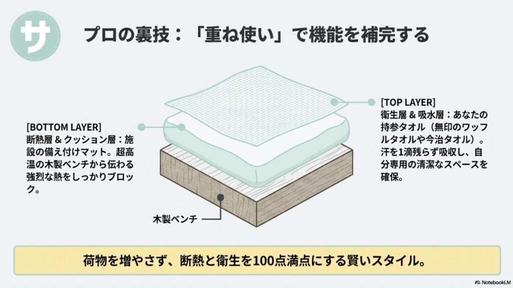 木製ベンチの上に施設の備え付けマット(断熱・クッション層)を敷き、その上に持参タオル(衛生・吸水層)を重ねることで、荷物を増やさず快適性を100点にする方法を描いた断面イラストスライド。
