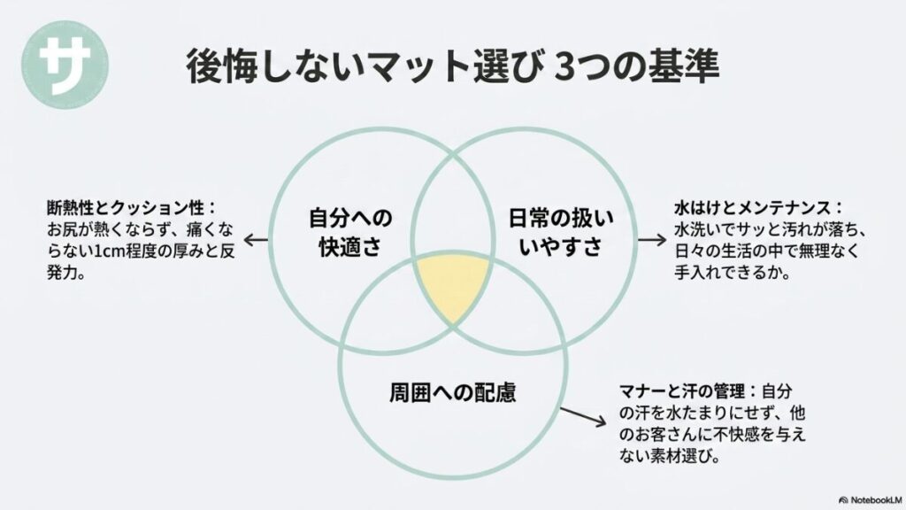 サウナマットを選ぶ際の「自分への快適さ(断熱・クッション性)」「日常の扱いやすさ(水はけ・メンテ)」「周囲への配慮(マナーと汗の管理)」の3つの軸を解説したスライド。