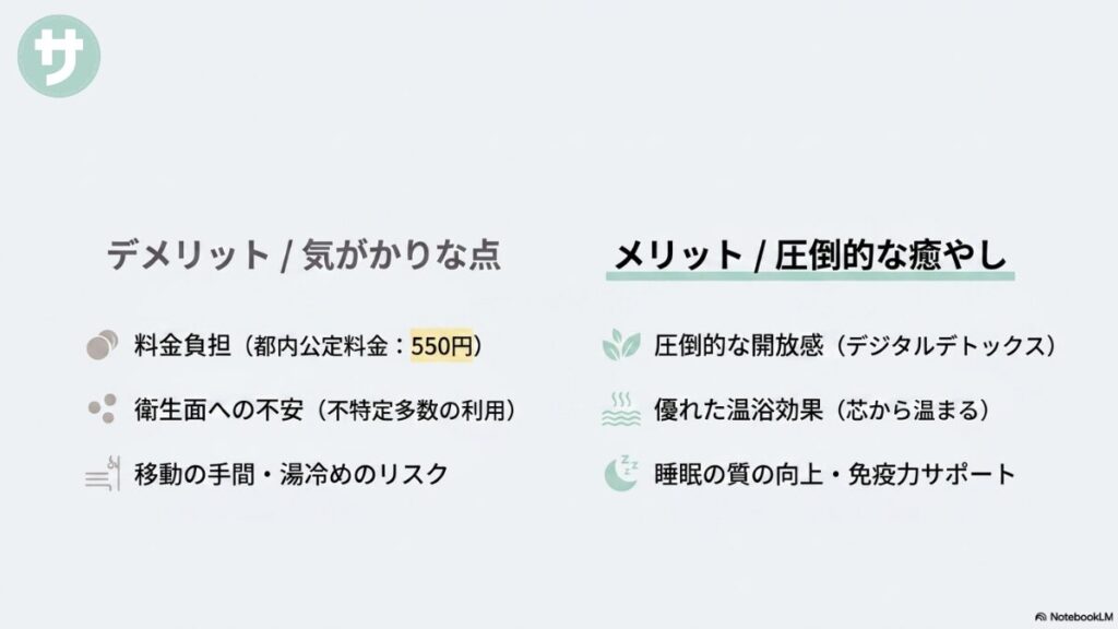 料金負担や衛生面への不安などの「デメリット/気がかりな点」と、圧倒的な開放感や優れた温浴効果などの「メリット/圧倒的な癒やし」を左右でわかりやすく対比させたまとめスライド。