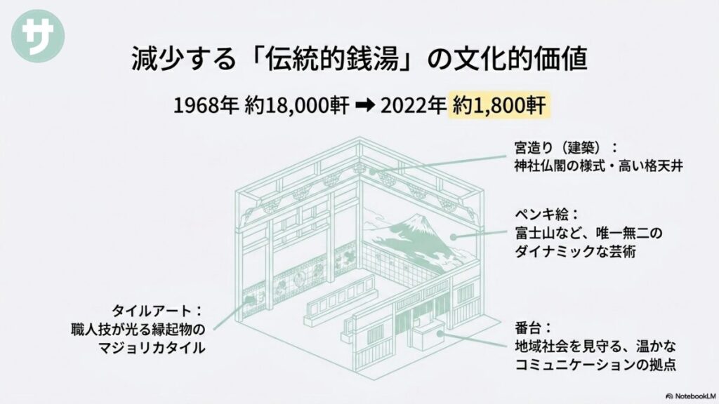 1968年から2022年にかけて軒数が10分の1に激減した背景とともに、宮造り(建築)、ペンキ絵、タイルアート、番台といった伝統的な銭湯が持つ文化的価値をイラストで図解したスライド。