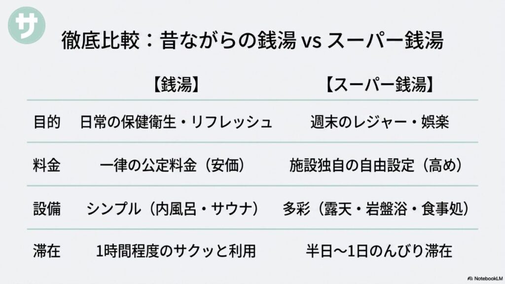 昔ながらの銭湯とスーパー銭湯の違いを、目的、料金(一律の公定料金か自由設定か)、設備(シンプルか多彩か)、滞在時間の4つの項目でわかりやすく対比した比較スライド。