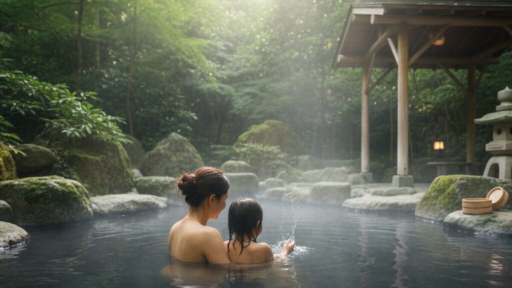 お風呂は名物の黒湯！ベビーバスあり
