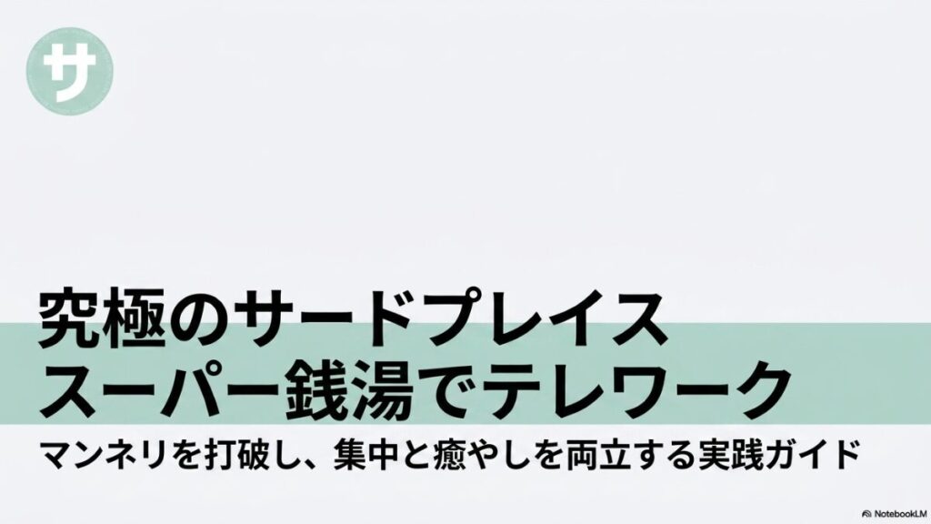 「究極のサードプレイス スーパー銭湯でテレワーク マンネリを打破し、集中と癒やしを両立する実践ガイド」と書かれた、ノートPCのイラスト付きの表紙スライド。