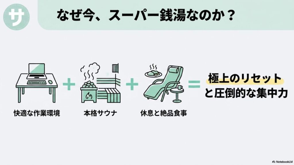「なぜ今、スーパー銭湯なのか？」快適な作業環境＋本格サウナ＋休息と絶品食事＝極上のリセットと圧倒的な集中力が得られることを説明する、デスクとサウナのイラスト付きスライド。