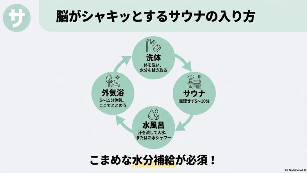 「脳がシャキッとするサウナの入り方」洗体（体を洗い水分を拭き取る）→サウナ（無理せず5〜10分）→水風呂（汗を流して入水）→外気浴（5〜15分休憩でととのう）のステップと、こまめな水分補給の重要性を示すスライド。