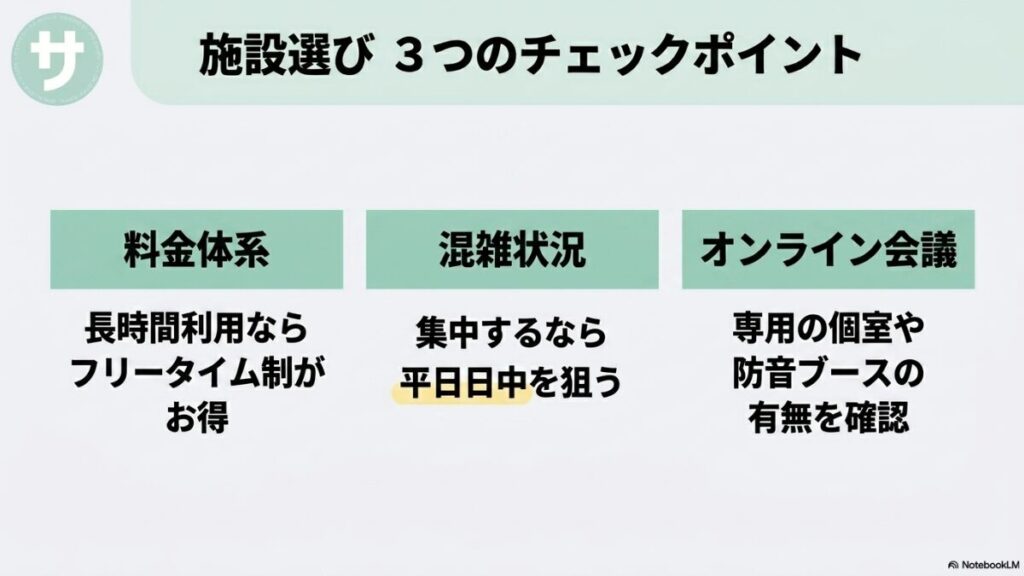 「施設選び 3つのチェックポイント」として、料金体系（長時間ならフリータイム制）、混雑状況（平日日中を狙う）、オンライン会議（専用個室や防音ブースの有無）の3つを解説するスライド。