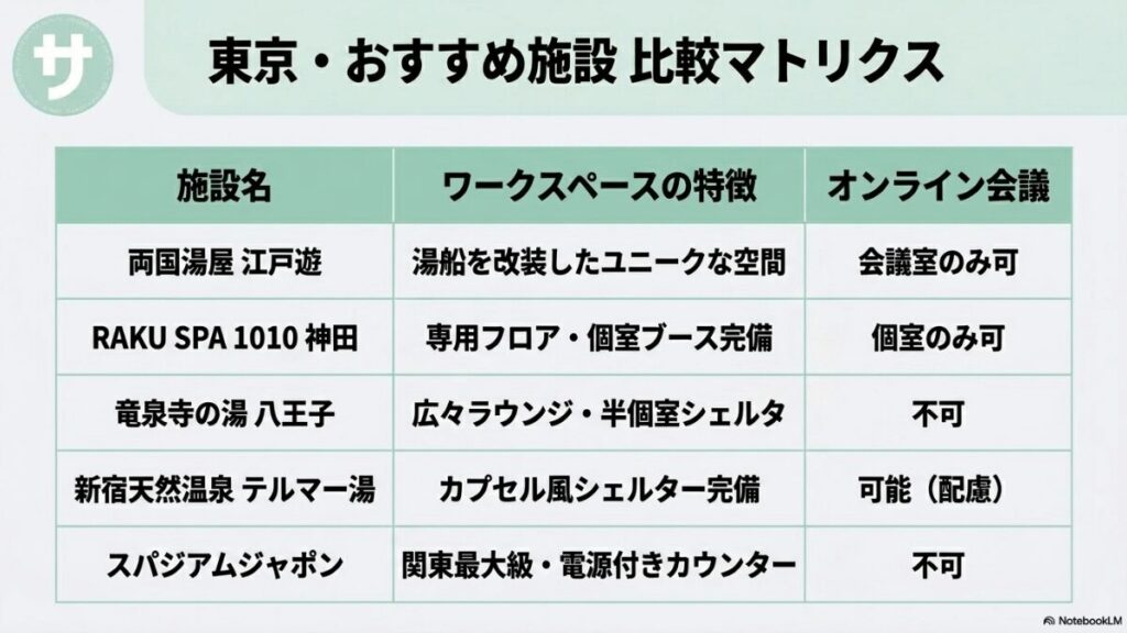 「東京・おすすめ施設 比較マトリクス」両国湯屋 江戸遊、RAKU SPA 1010 神田、竜泉寺の湯 八王子、新宿天然温泉 テルマー湯、スパジアムジャポンのワークスペース特徴とオンライン会議可否をまとめた表のスライド。