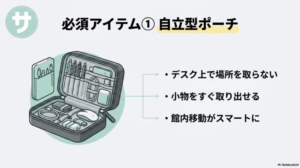 「必須アイテム① 自立型ポーチ」デスク上で場所を取らない、小物をすぐ取り出せる、館内移動がスマートになるというメリットを、ガジェットが詰まったポーチのイラストと共に解説するスライド。