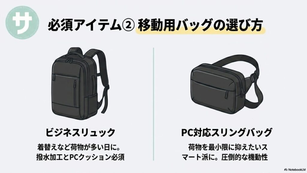 「必須アイテム② 移動用バッグの選び方」荷物が多い日用のビジネスリュック（撥水加工とPCクッション必須）と、荷物を最小限にしたいスマート派用のPC対応スリングバッグ（圧倒的な機動性）の2種類を紹介するスライド。