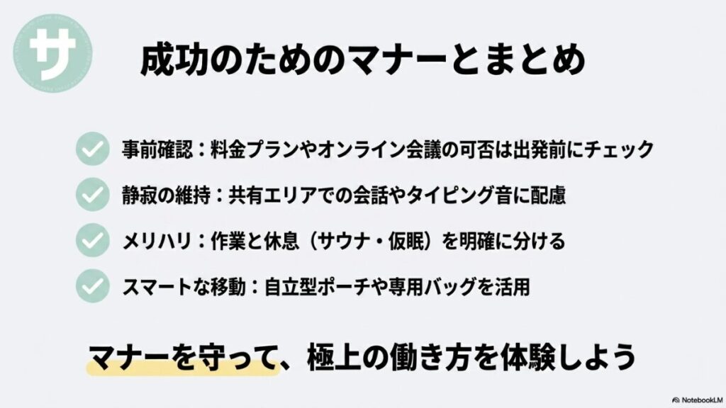 「成功のためのマナーとまとめ」事前確認（料金やオンライン会議）、静寂の維持（会話やタイピング音への配慮）、メリハリ（作業と休息を分ける）、スマートな移動（自立型ポーチ等の活用）の4点をまとめたスライド。