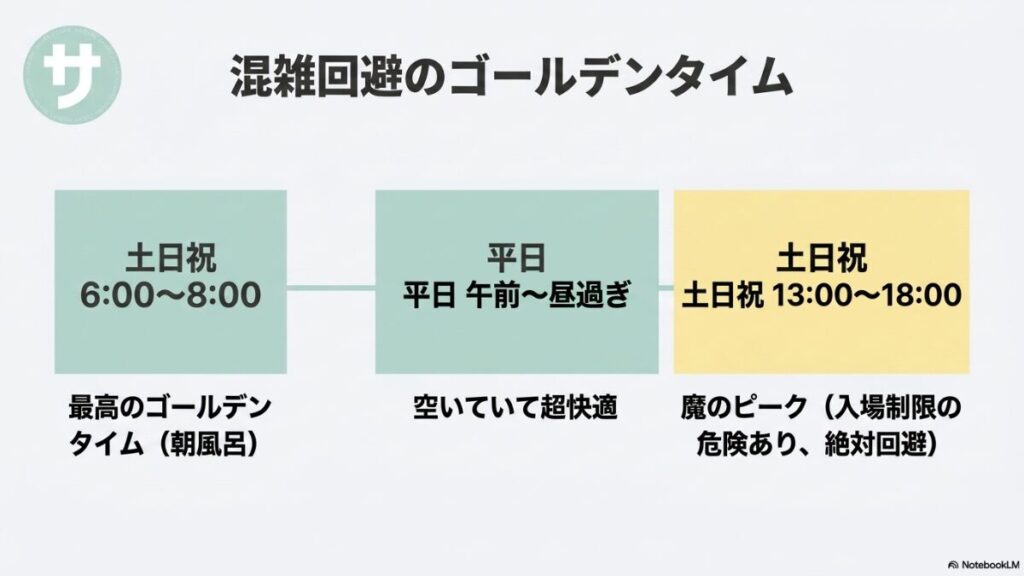 混雑回避のタイムスケジュール。土日祝の6:00〜8:00は最高のゴールデンタイム(朝風呂)で空いていて超快適。平日は午前〜昼過ぎがおすすめ。土日祝の13:00〜18:00は入場制限の危険がある絶対回避の魔のピーク。