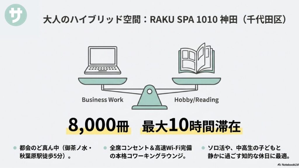 RAKU SPA 1010 神田の特徴として、都会のど真ん中の立地、8,000冊の蔵書数、最大10時間滞在、全席コンセント＆高速Wi-Fi完備の本格コワーキングラウンジなど、ビジネスワークと趣味の読書が融合し、ソロ活や中高生の子どもと静かに過ごす休日に最適であることを説明したスライド。