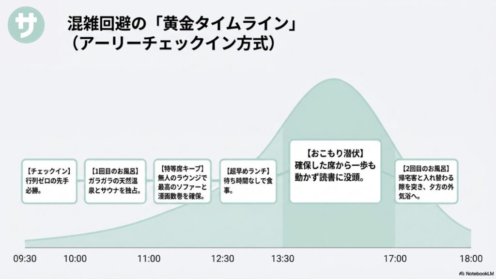 09:30チェックイン（行列ゼロの先手必勝）、10:00 1回目のお風呂、11:00特等席キープ、12:30超早めランチ、13:30おこもり潜伏、17:00 2回目のお風呂、18:00退館という、混雑を賢く避けてスーパー銭湯を満喫するためのアーリーチェックイン方式のタイムラインを示したスライド。