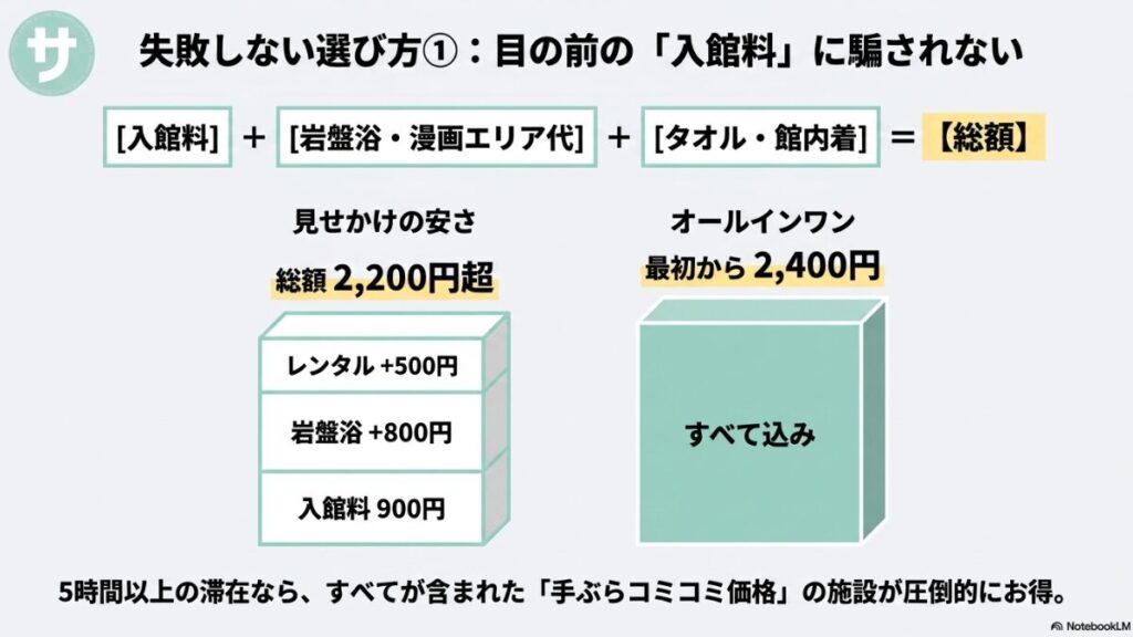 入館料、岩盤浴・漫画エリア代、タオル・館内着を足した【総額】で比較する重要性を示し、基本料が安く見えても追加料金で2,200円を超える「見せかけの安さ」と、最初からすべて込みで2,400円の「オールインワン」を比較したスライド。