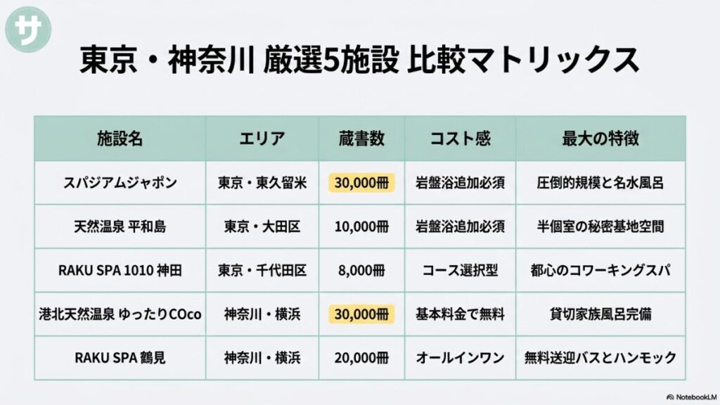 スパジアムジャポン、天然温泉 平和島、RAKU SPA 1010 神田、港北天然温泉 ゆったり COco、RAKU SPA 鶴見の5つの施設について、エリア、蔵書数、コスト感、最大の特徴を一覧表でまとめた比較マトリックスのスライド。
