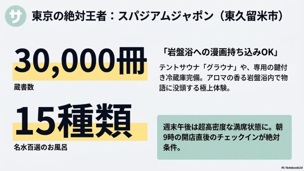 スパジアムジャポンの特徴として、蔵書数30,000冊、15種類の名水百選のお風呂、岩盤浴への漫画持ち込みOK、テントサウナ「グラウナ」や鍵付き冷蔵庫完備などの極上体験と、週末午後の混雑回避のために朝9時直後のチェックインが絶対条件であることを解説したスライド。