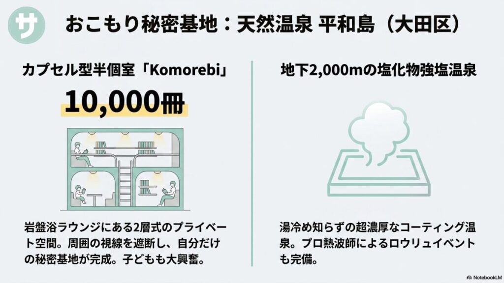 天然温泉 平和島の特徴として、カプセル型半個室「Komorebi」による2層式のプライベート空間、10,000冊の蔵書数、地下2,000mの塩化物強塩温泉、プロ熱波師によるロウリュイベントなどの魅力を解説した、秘密基地と温泉のイラスト付きスライド。