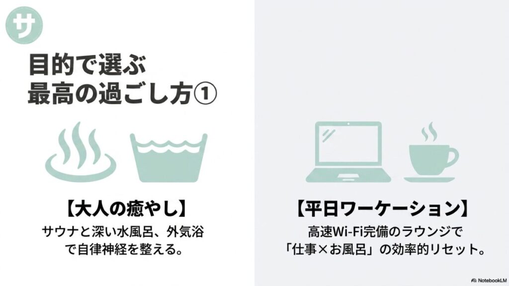 サウナと深い水風呂で自律神経を整える大人の癒やしと、高速Wi-Fi完備のラウンジで行う平日ワーケーションの過ごし方提案