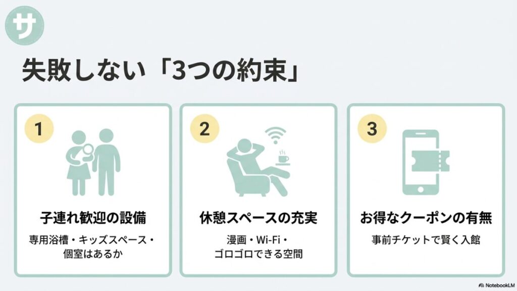 子連れ歓迎の設備、休憩スペースの充実、お得なクーポンの有無という、施設選びで失敗しないための3つの約束をまとめたスライド