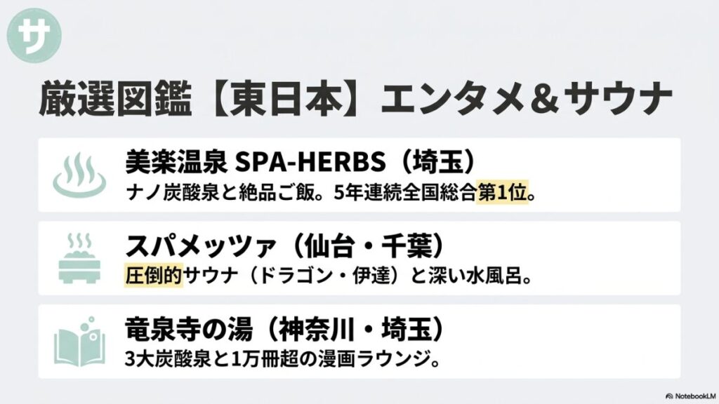 美楽温泉 SPA-HERBS、スパメッツァ、竜泉寺の湯など、東日本エリアでエンタメとサウナが充実した厳選施設の一覧スライド