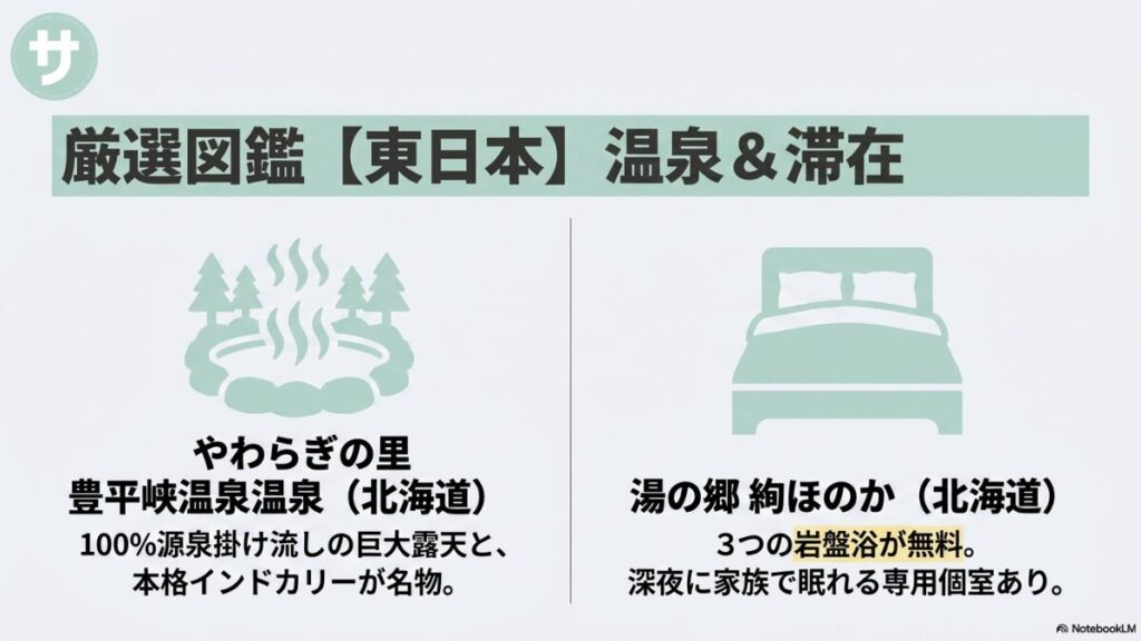 100%源泉掛け流しとインドカレーが名物の豊平峡温泉、無料岩盤浴と個室がある湯の郷 絢ほのかを紹介する東日本の厳選スライド