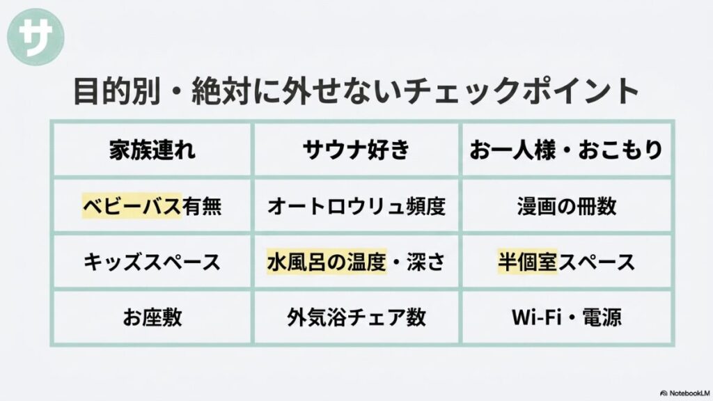 家族連れ（ベビーバス、キッズスペース、お座敷）、サウナ好き（オートロウリュ、水風呂、外気浴）、お一人様（漫画、半個室、Wi-Fi）それぞれの絶対に外せない設備をまとめたマトリクス表のスライド。