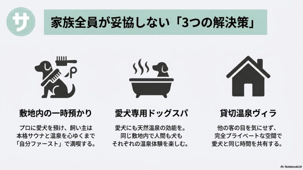 「家族全員が妥協しない3つの解決策」の全体像を示すスライド。「敷地内の一時預かり(自分ファースト)」「愛犬専用ドッグスパ(それぞれの温泉体験)」「貸切温泉ヴィラ(完全プライベート空間)」の3つのアプローチをアイコン付きで紹介。