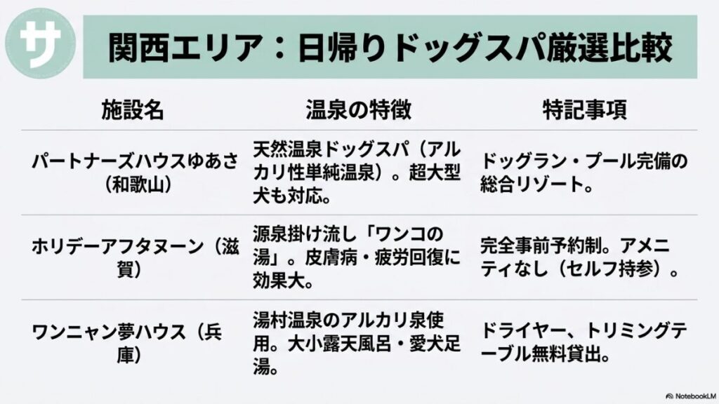 関西の日帰りドッグスパ比較表。「パートナーズハウスゆあさ」「ホリデーアフタヌーン」「ワンニャン夢ハウス」の3施設について、温泉の特徴や特記事項(アメニティ有無、ドライヤー無料貸出、ワクチン証明提示など)を整理したスライド。