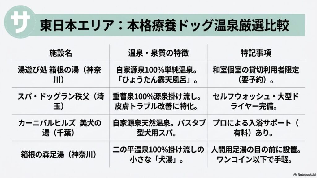 東日本の本格ドッグ温泉比較表。「湯遊び処 箱根の湯」「スパ・ドッグラン秩父」「カーニバルヒルズ 美犬の湯」「箱根の森足湯」の4施設について、100%源泉掛け流しや重曹泉などの特徴と、個室、ドライヤー設備などの特記事項をまとめたスライド。