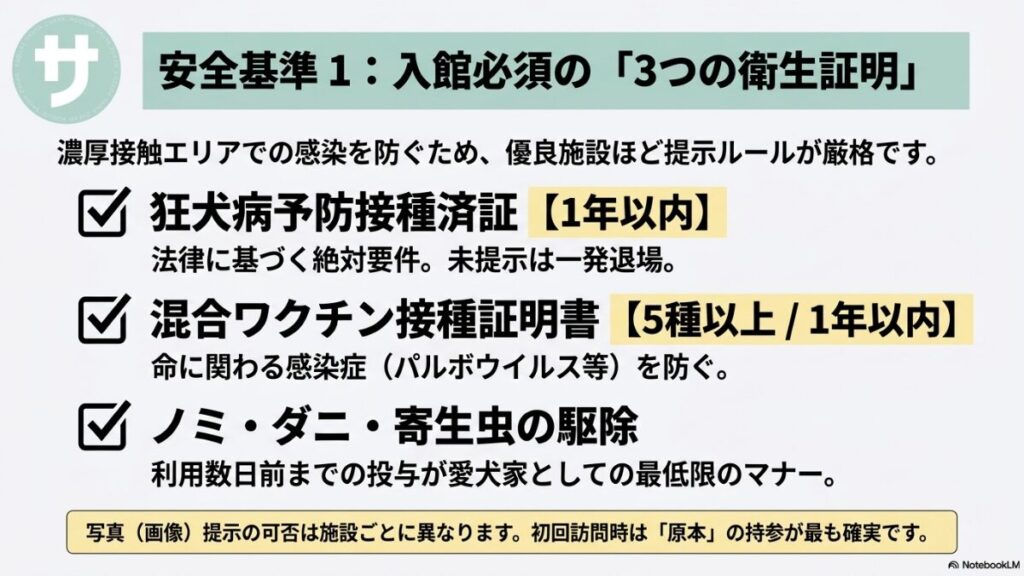 濃厚接触エリアでの感染を防ぐための「3つの衛生証明(狂犬病予防接種済証、混合ワクチン接種証明書、ノミ・ダニ・お腹の寄生虫の駆除)」チェックリスト。初回訪問時は原本の持参が最も確実であることを促すスライド。