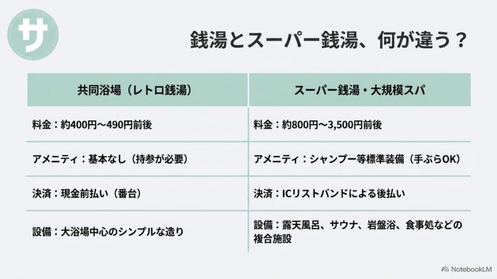 レトロ銭湯とスーパー銭湯の料金、アメニティ、決済方法、設備の違いを一覧で比較した解説スライド。