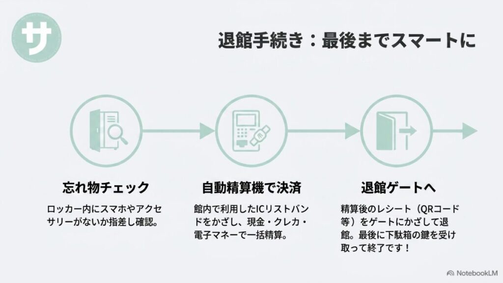 忘れ物チェック、ICリストバンドでの自動精算、退館ゲート通過までのステップを解説したスライド。