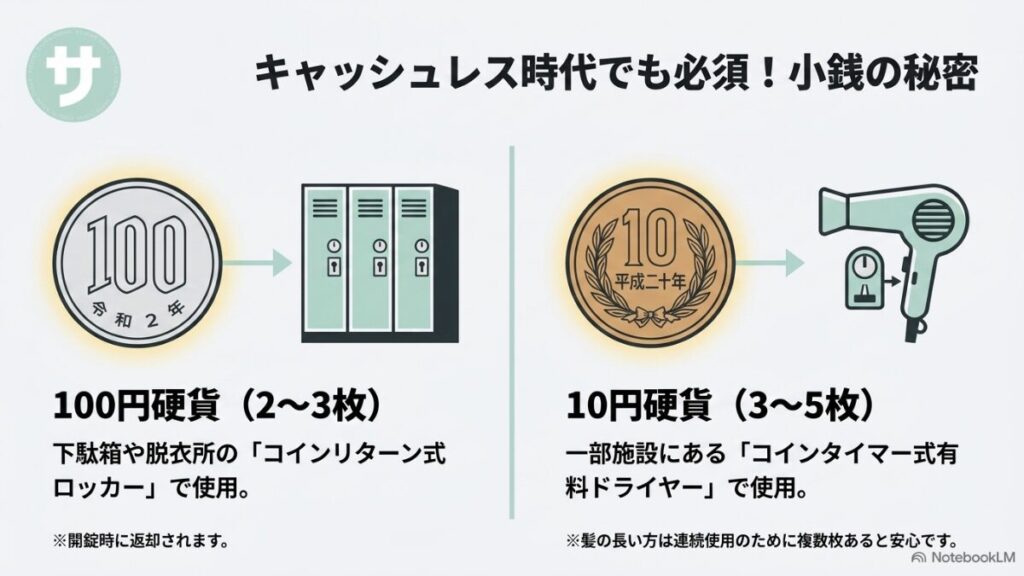 コインリターン式ロッカー用の100円硬貨と有料ドライヤー用の10円硬貨の必要性を説明した解説スライド。