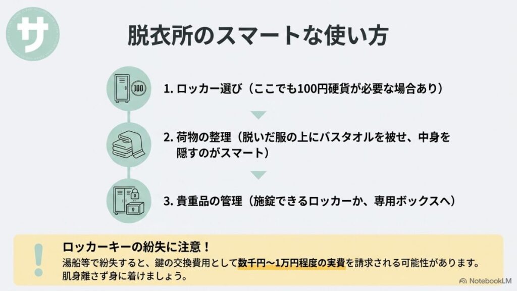 脱衣所でのロッカー選び、荷物整理の手順と、キー紛失による弁償リスクを注意喚起するスライド。