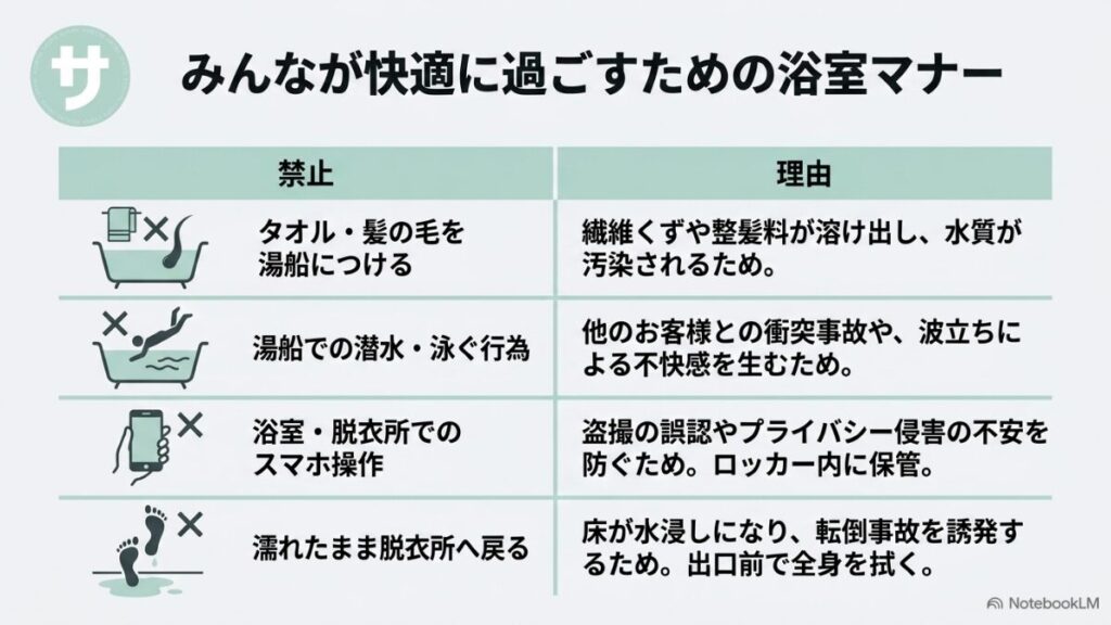 タオルを湯船につけない、泳がない、脱衣所でのスマホ操作禁止など浴室内のマナーをまとめたスライド。