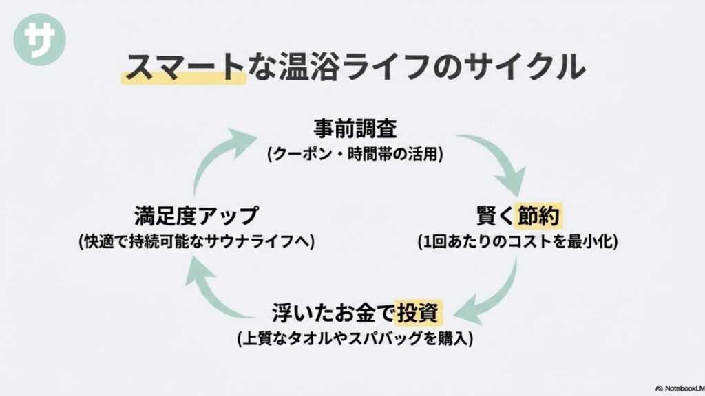 事前調査（クーポン等の活用）から賢く節約し、浮いたお金で良質なグッズに投資して満足度をアップさせる、持続可能なスマート温浴ライフの循環サイクル図を示したスライド。