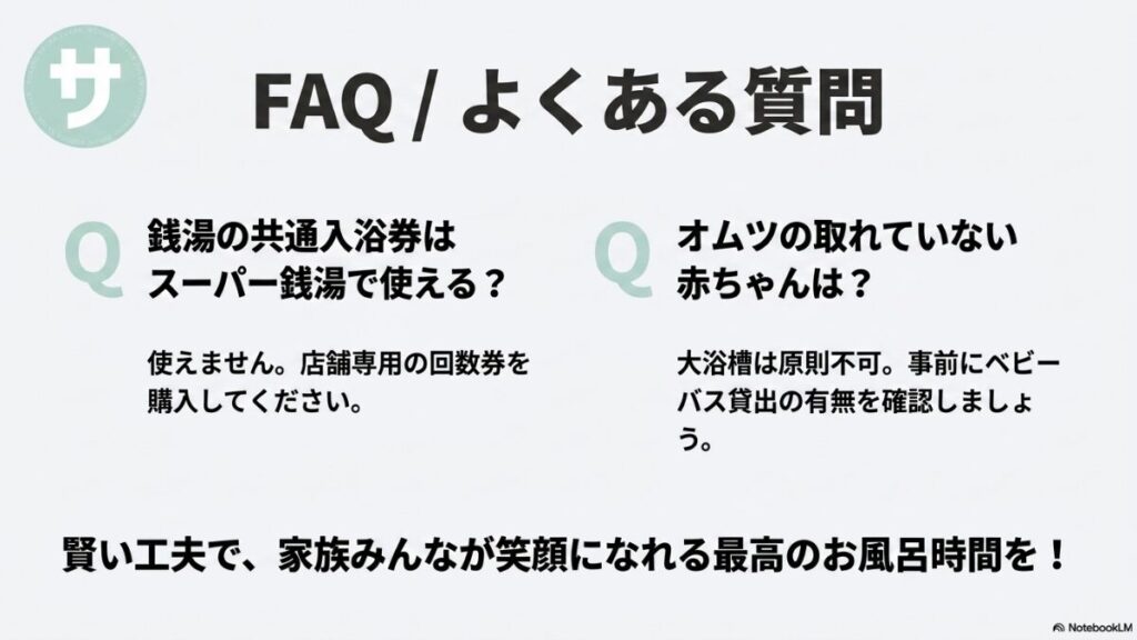 共通入浴券はスーパー銭湯で使えるか（使えない）、オムツが取れていない赤ちゃんの大浴槽入浴は可能か（原則不可）という、特によくある質問2つをコンパクトにまとめたQ&Aスライド。