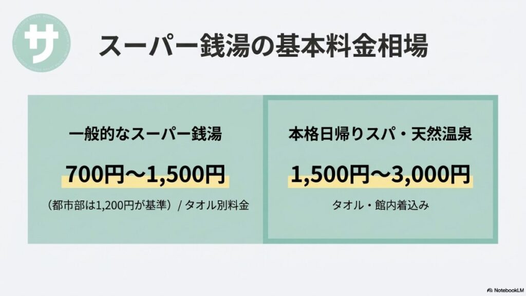 一般的なスーパー銭湯（700円〜1500円、タオル別）と、本格日帰りスパ・天然温泉（1500円〜3000円、タオル・館内着込み）の基本料金相場を分かりやすく比較したスライド。