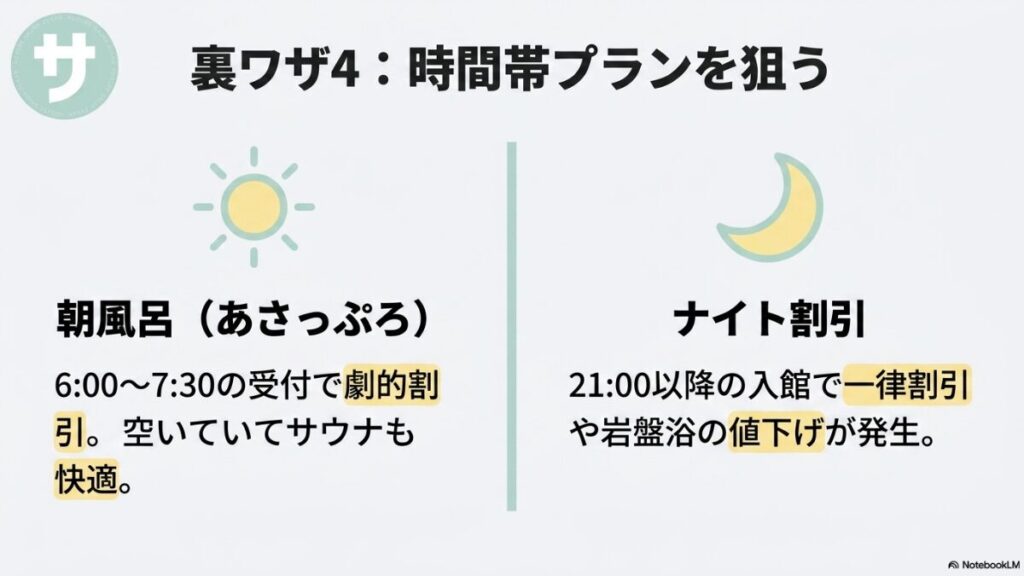 朝風呂（6:00〜7:30の受付で劇的割引）やナイト割引（21:00以降の入館で一律割引や岩盤浴値下げ）のメリットと活用法を提案するスライド。