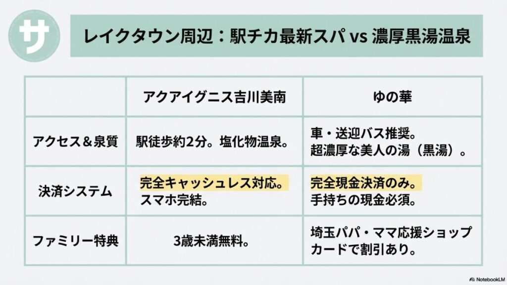 越谷レイクタウン周辺の温浴施設『アクアイグニス吉川美南(駅チカ・完全キャッシュレス)』と『ゆの華(濃厚黒湯・完全現金制)』のアクセス、料金、決済、特典を比較したスライド画像