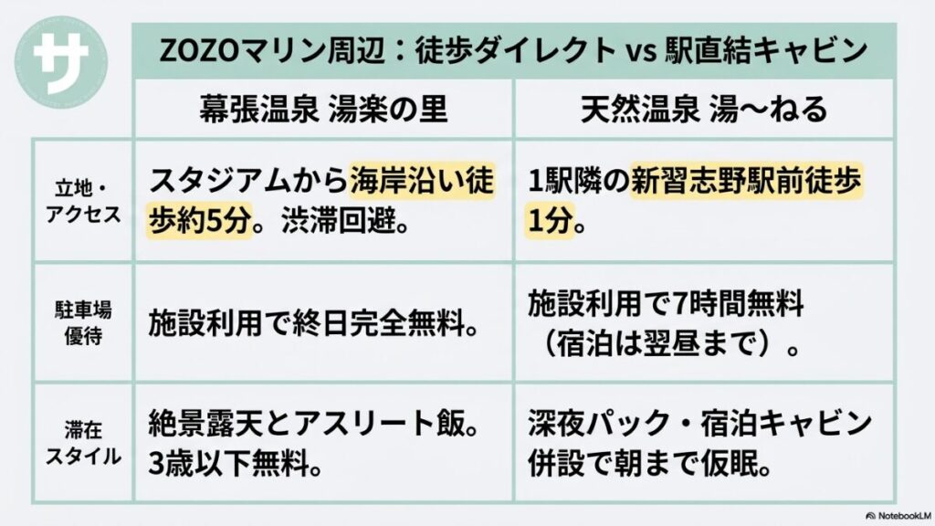 ZOZOマリンスタジアム周辺の温浴施設『幕張温泉 湯楽の里(徒歩5分・終日駐車場無料)』と『天然温泉 湯~ねる(駅徒歩1分・深夜滞在・仮眠可)』のアクセス、温泉特徴、駐車場、滞在スタイルを比較したスライド画像