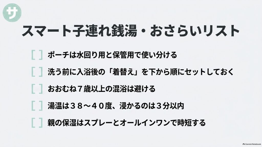 準備を整えて、笑顔のお風呂タイムを。銭湯は日頃の疲れを癒やす場所であり、子どもが公共のルールを学ぶ場です。
